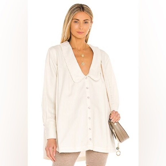 Free People Top Women’s Small Charlie Denim Tunic in Cream Oversized 100% Cotton - Picture 1 of 13